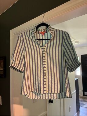 THML Navy and White Vertical Stripe Button-Front Short Sleeve Top